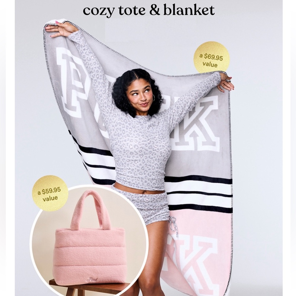 NWT VS Pink Plush Tote and Blanket Set